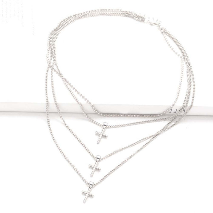 Fashion Women Rhinestone Inlaid Cross Charm Multilayer Chain Choker Necklace Image 7