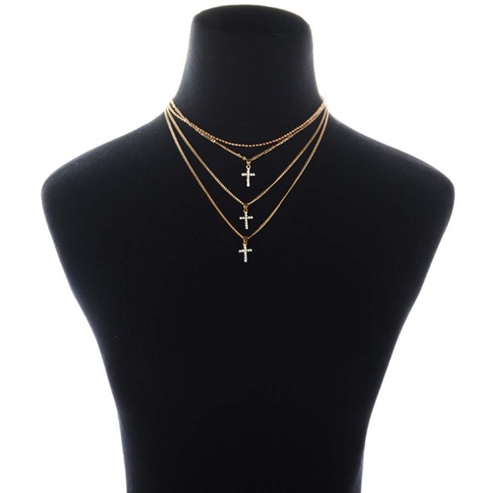 Fashion Women Rhinestone Inlaid Cross Charm Multilayer Chain Choker Necklace Image 8