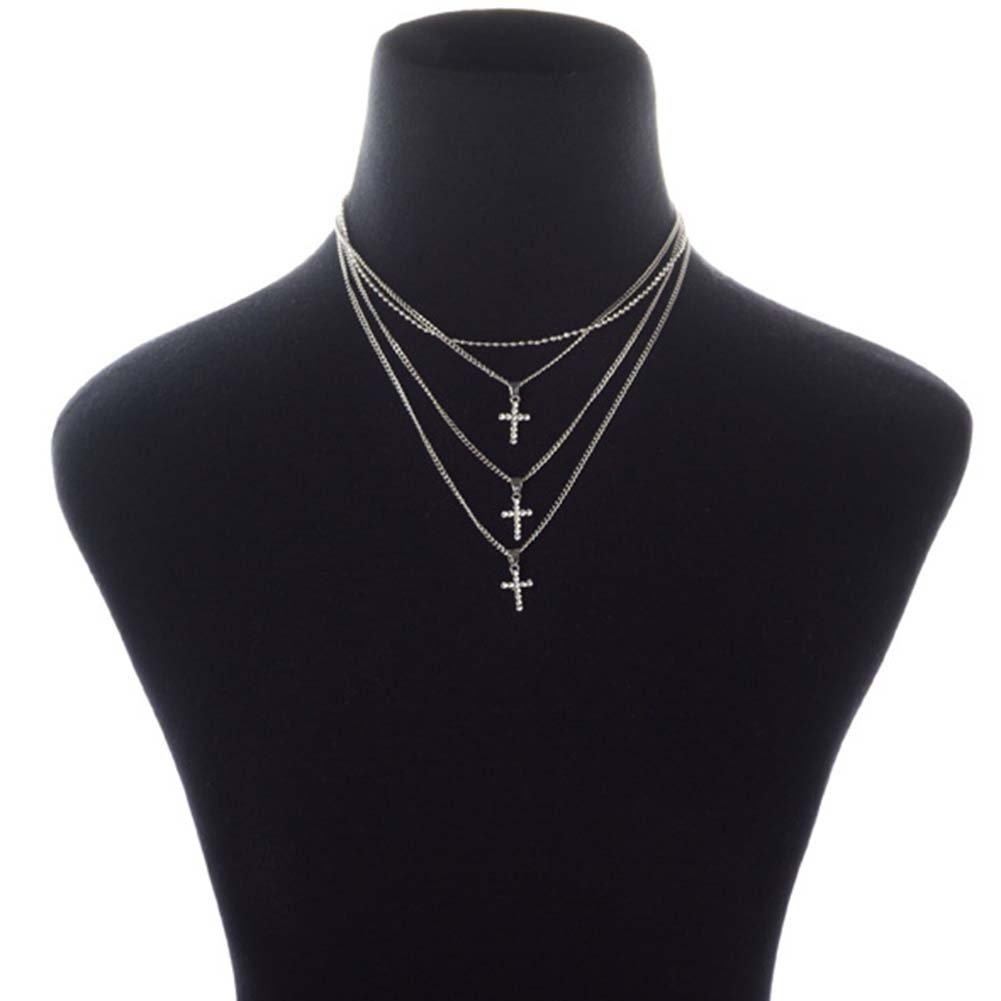 Fashion Women Rhinestone Inlaid Cross Charm Multilayer Chain Choker Necklace Image 9