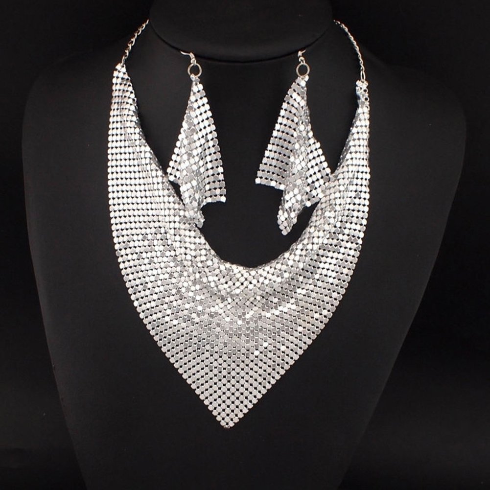 2Pcs Women Triangular Scarf Sequins Charm Statement Bib Necklace Earrings Image 11