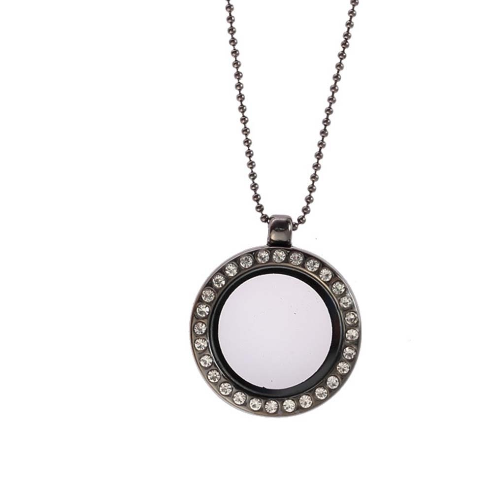 Women Rhinestone Inlaid Living Memory Floating Charm Round Glass Locket Necklace Image 1