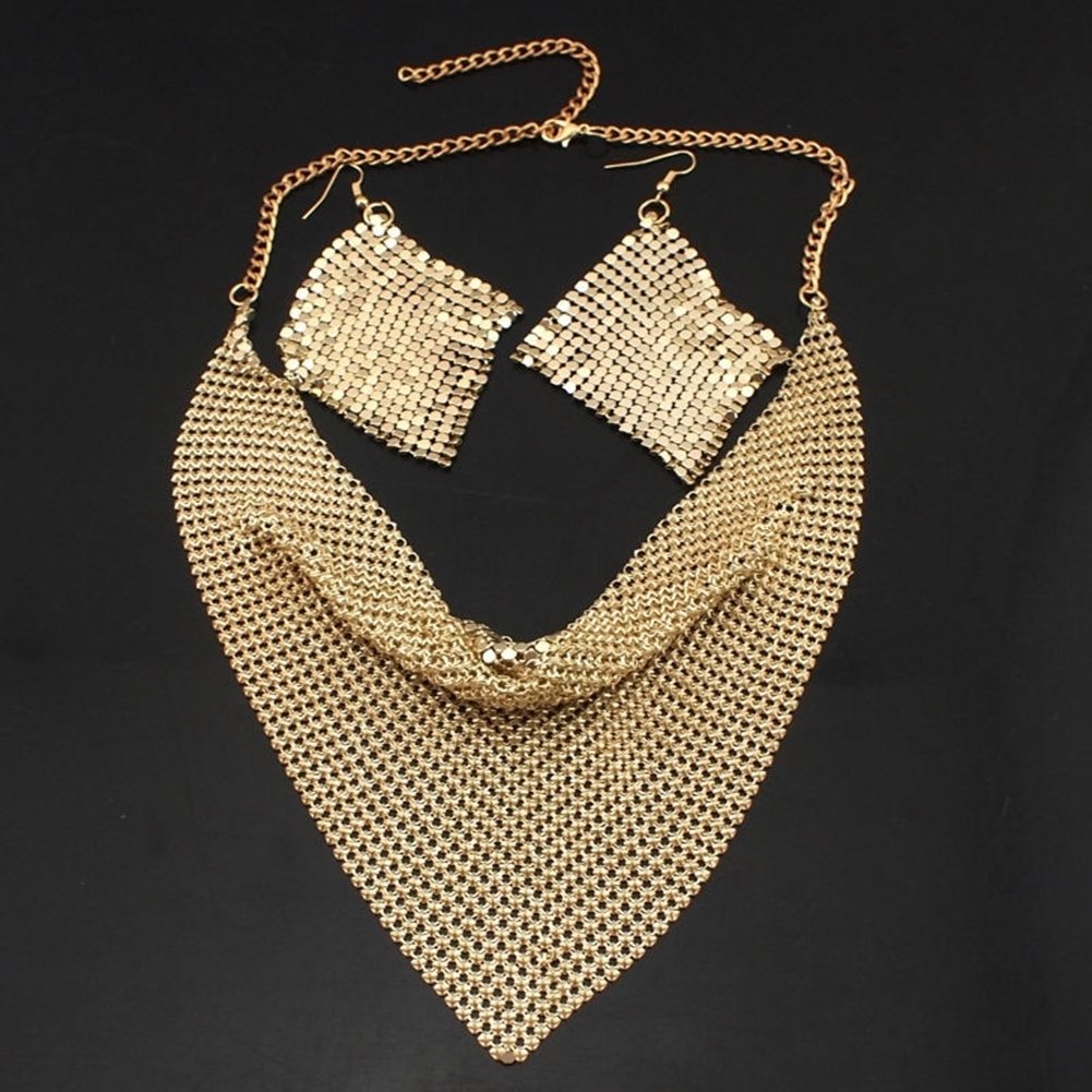 2Pcs Women Triangular Scarf Sequins Charm Statement Bib Necklace Earrings Image 12