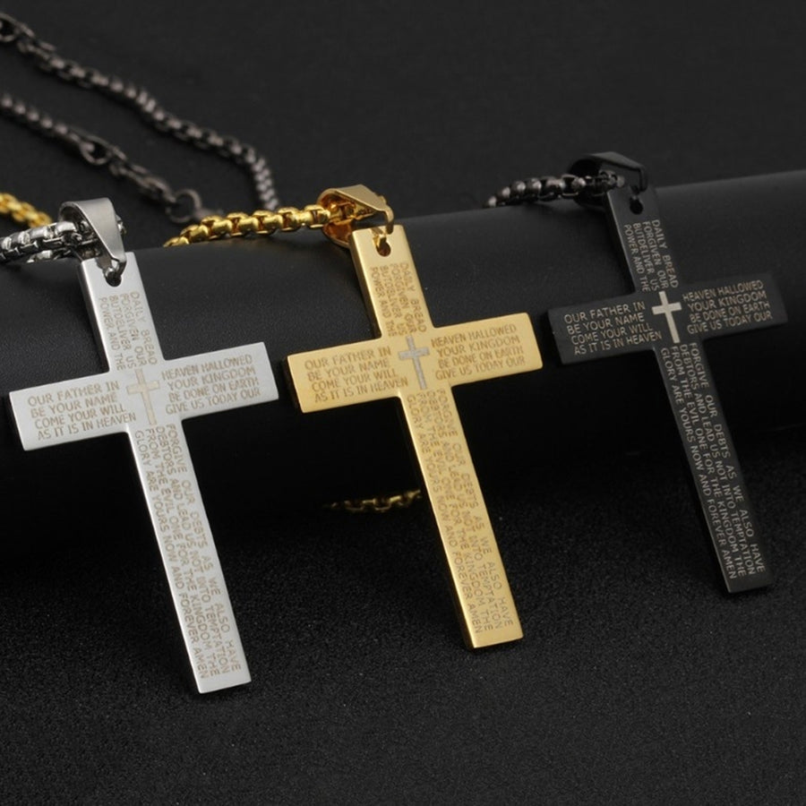 Retro Men Letters Print Cross Pendant Titanium Steel Chain Necklace Jewelry Gift Image 1