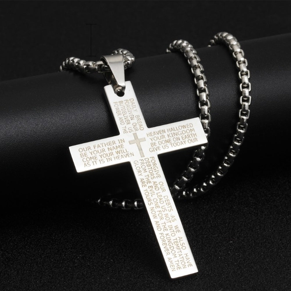 Retro Men Letters Print Cross Pendant Titanium Steel Chain Necklace Jewelry Gift Image 4