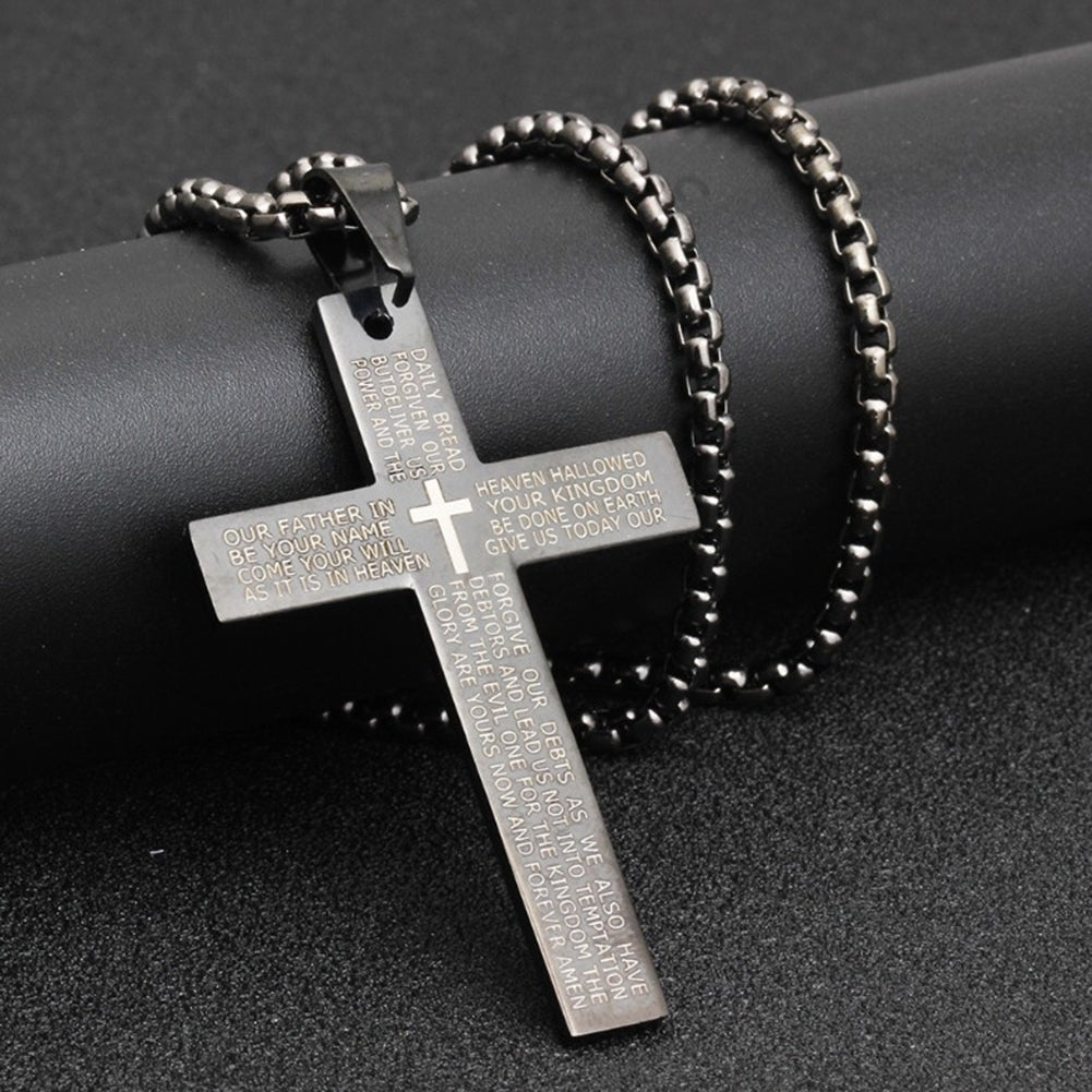 Retro Men Letters Print Cross Pendant Titanium Steel Chain Necklace Jewelry Gift Image 4