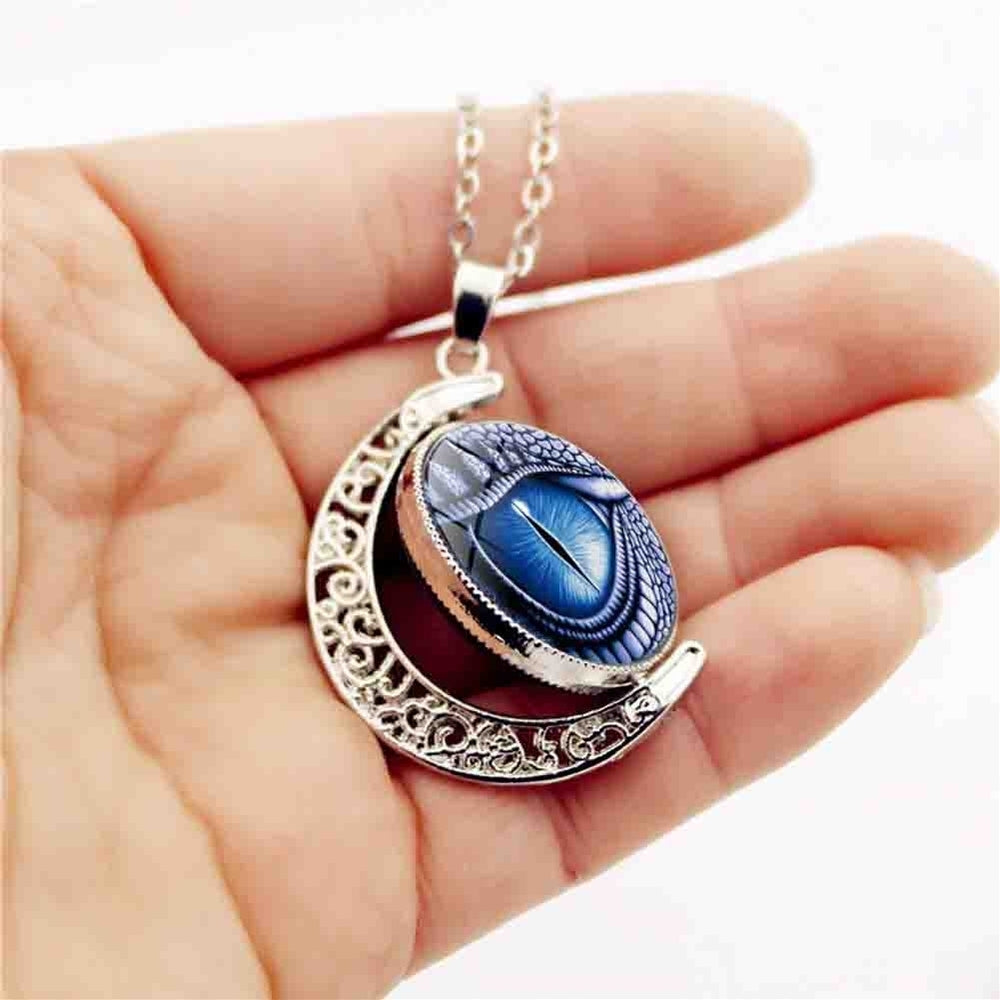 Unisex Rotate Round Dragon Eye Crescent Moon Pendant Long Chain Necklace Jewelry Image 2