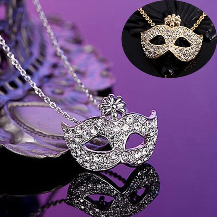 Rhinestone Inlaid Flower Fox Masquerade Mask Pendant Clavicle Chain Necklace Image 4