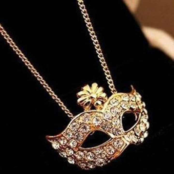 Rhinestone Inlaid Flower Fox Masquerade Mask Pendant Clavicle Chain Necklace Image 4