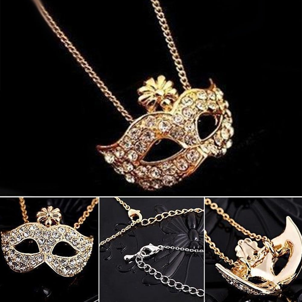 Rhinestone Inlaid Flower Fox Masquerade Mask Pendant Clavicle Chain Necklace Image 7