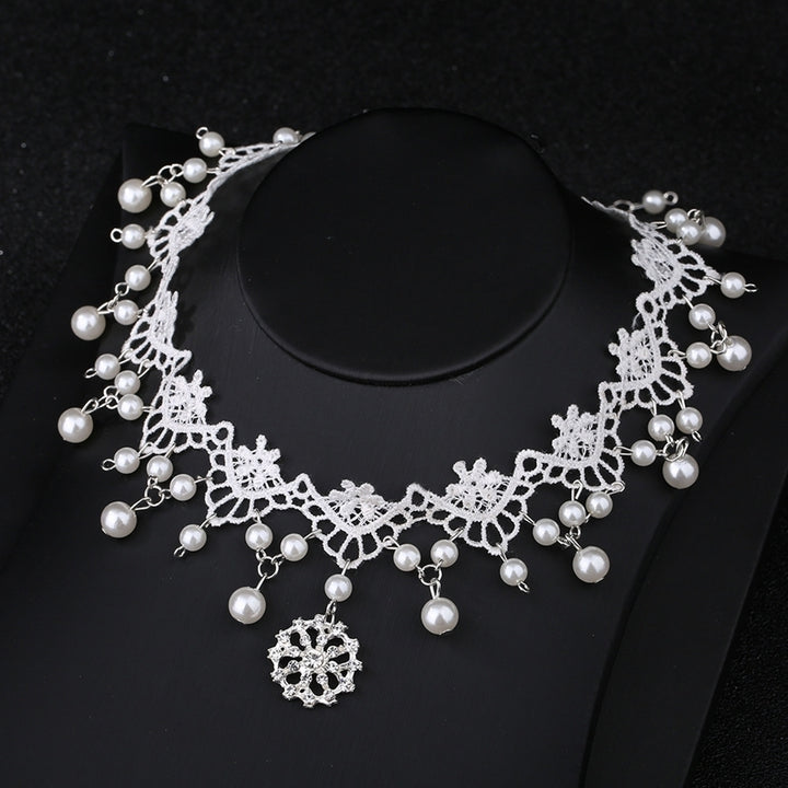 Women Faux Pearl Cubic Zirconia Inlaid Pendant Lace Choker Necklace Headwear Image 1