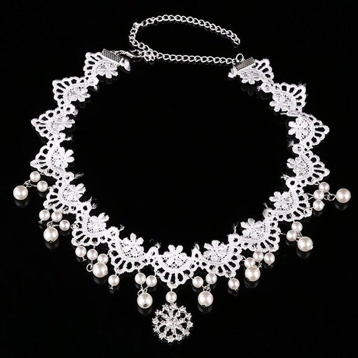 Women Faux Pearl Cubic Zirconia Inlaid Pendant Lace Choker Necklace Headwear Image 2