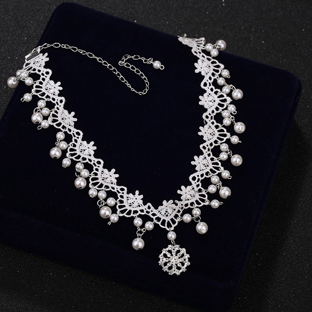 Women Faux Pearl Cubic Zirconia Inlaid Pendant Lace Choker Necklace Headwear Image 3