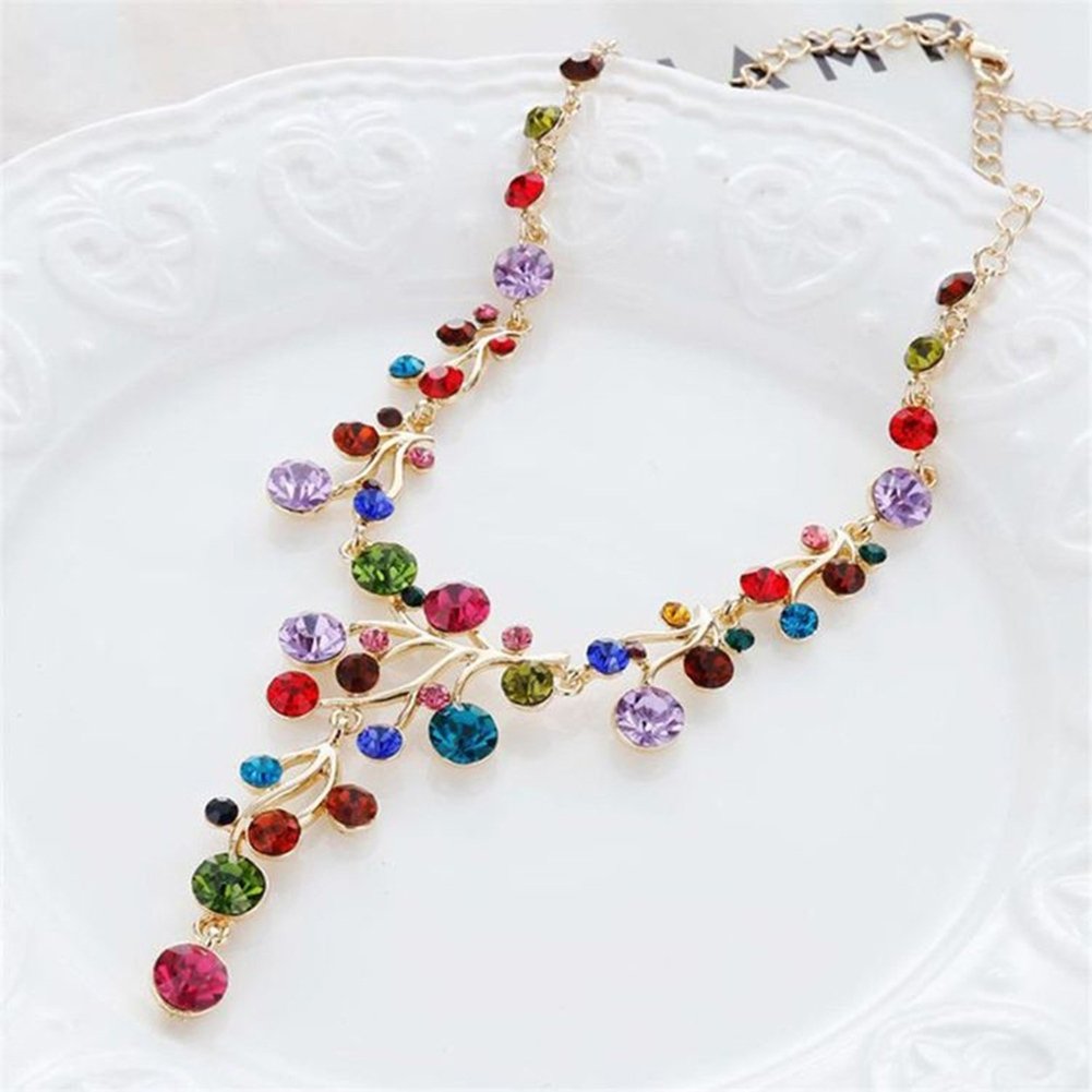 Women Fashion Multicolor Rhinestone Y-shaped Branch Bib Collar Chain Necklace Image 4