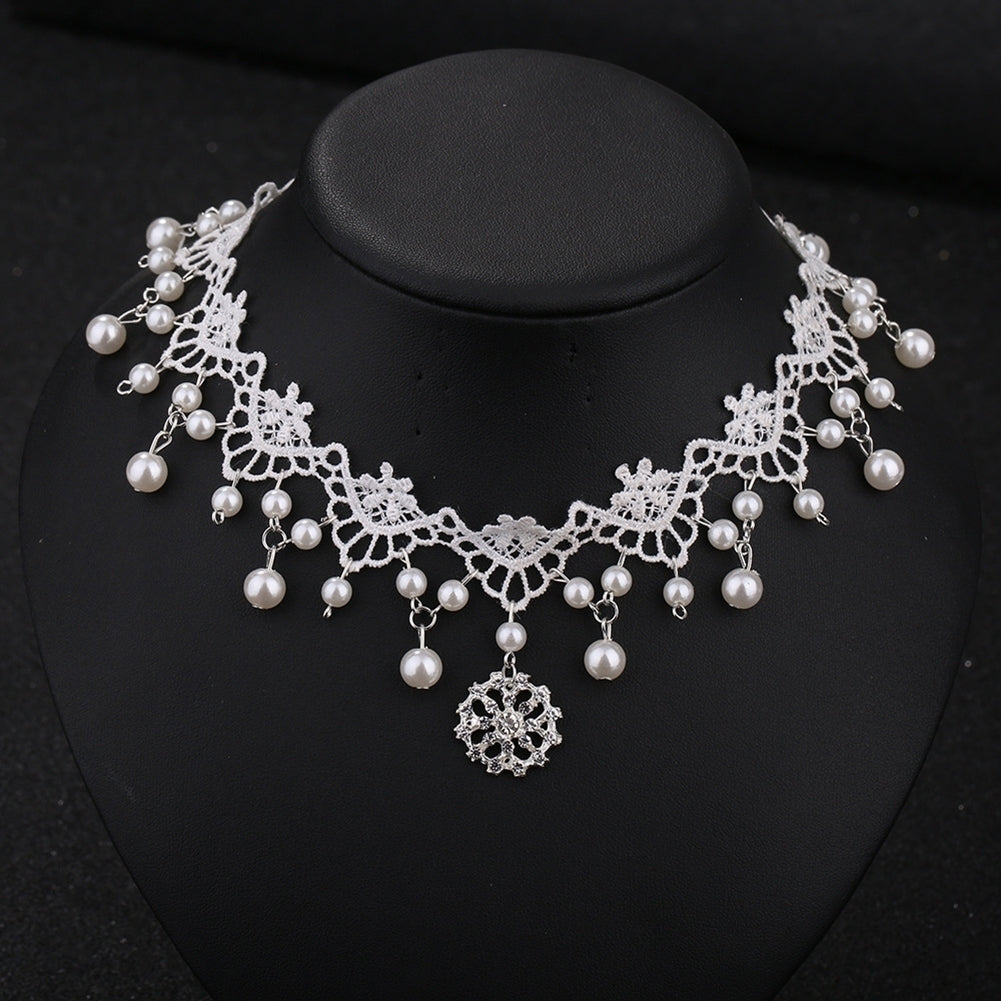 Women Faux Pearl Cubic Zirconia Inlaid Pendant Lace Choker Necklace Headwear Image 4