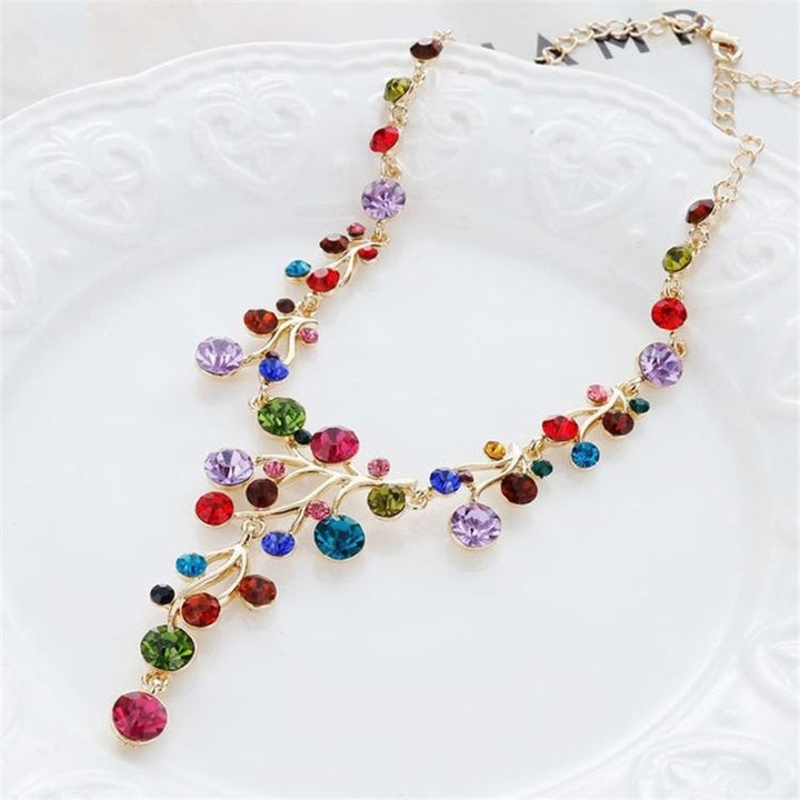 Women Fashion Multicolor Rhinestone Y-shaped Branch Bib Collar Chain Necklace Image 9