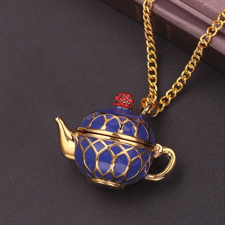 Women Creative Openable Teapot Rhinestone Inlaid Pendant Long Chain Necklace Image 2