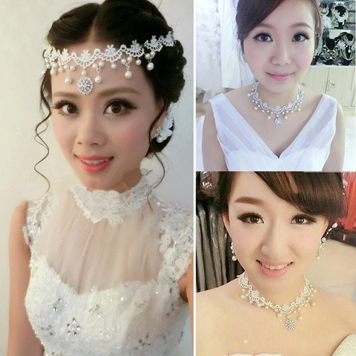 Women Faux Pearl Cubic Zirconia Inlaid Pendant Lace Choker Necklace Headwear Image 8