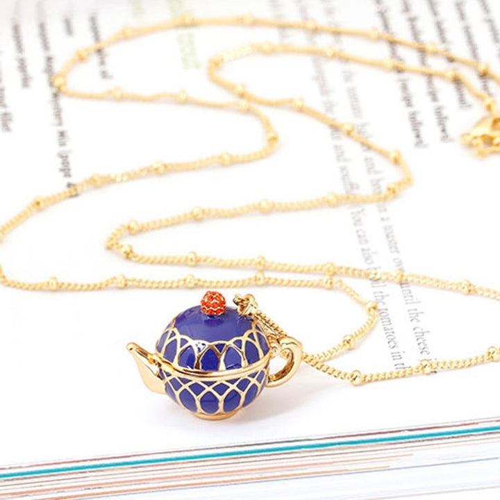 Women Creative Openable Teapot Rhinestone Inlaid Pendant Long Chain Necklace Image 8