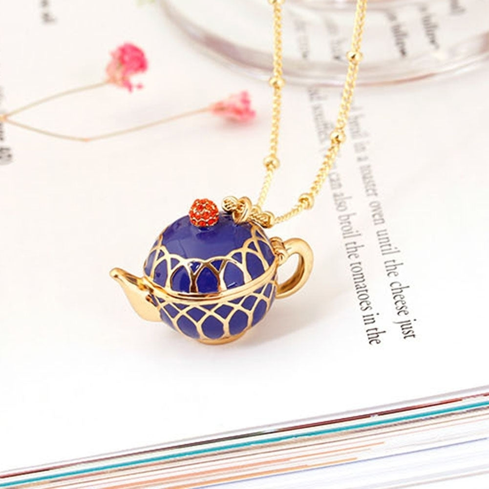 Women Creative Openable Teapot Rhinestone Inlaid Pendant Long Chain Necklace Image 9