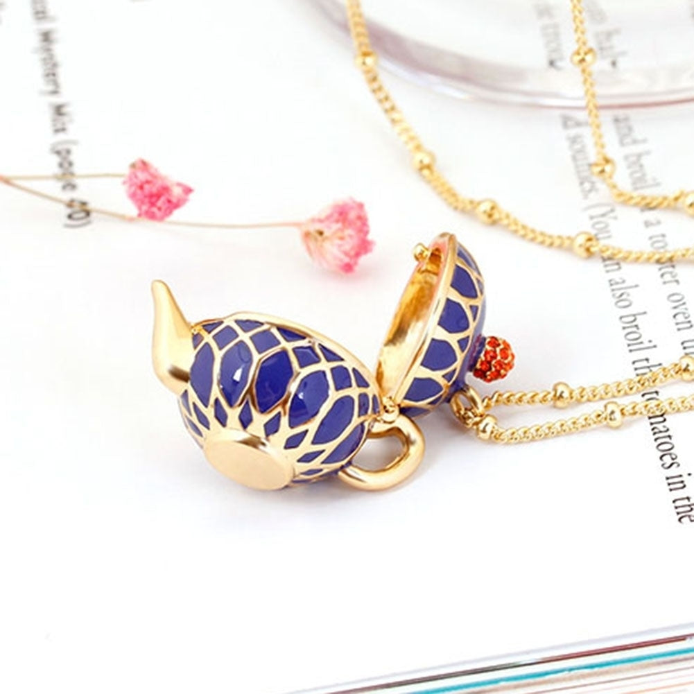 Women Creative Openable Teapot Rhinestone Inlaid Pendant Long Chain Necklace Image 10