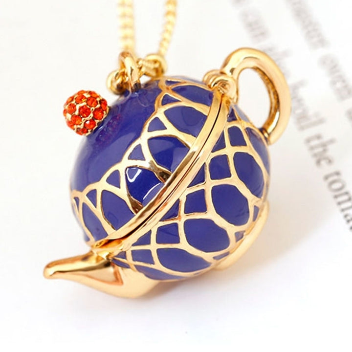 Women Creative Openable Teapot Rhinestone Inlaid Pendant Long Chain Necklace Image 11