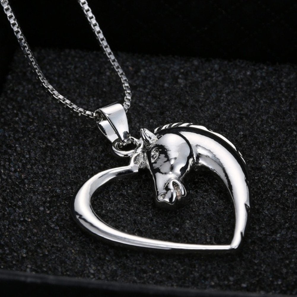 Women Hollow Out Heart Horse Head Shaped Pendant Chain Necklace Jewelry Gift Image 3