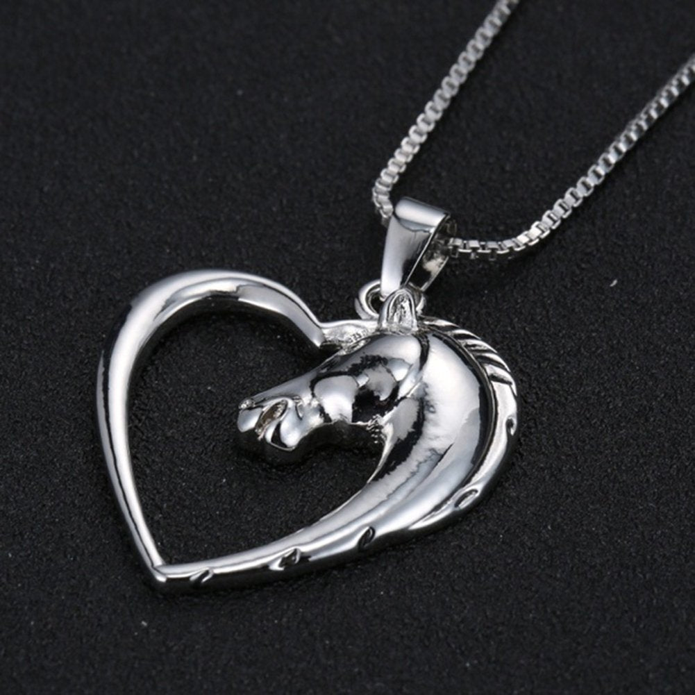 Women Hollow Out Heart Horse Head Shaped Pendant Chain Necklace Jewelry Gift Image 4