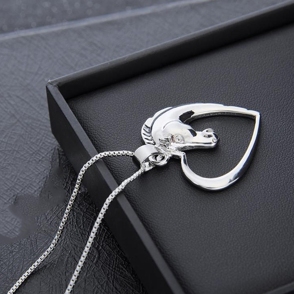 Women Hollow Out Heart Horse Head Shaped Pendant Chain Necklace Jewelry Gift Image 4