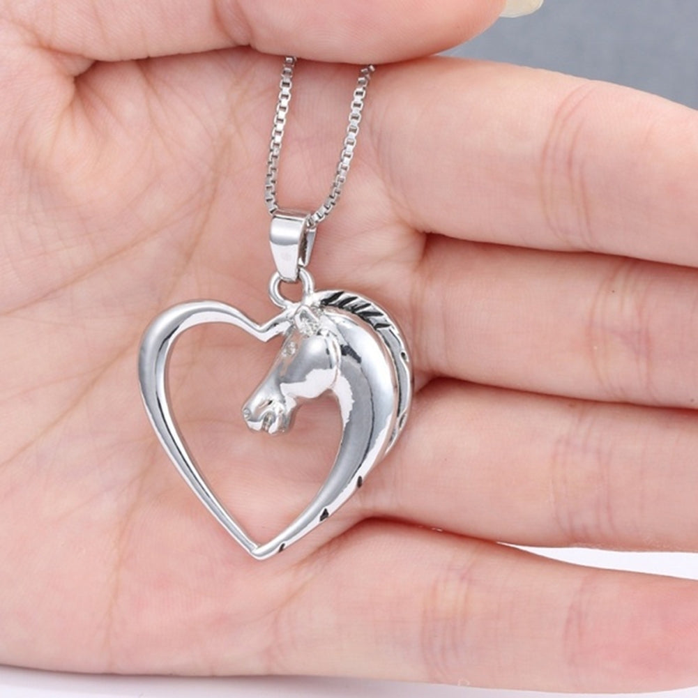 Women Hollow Out Heart Horse Head Shaped Pendant Chain Necklace Jewelry Gift Image 8