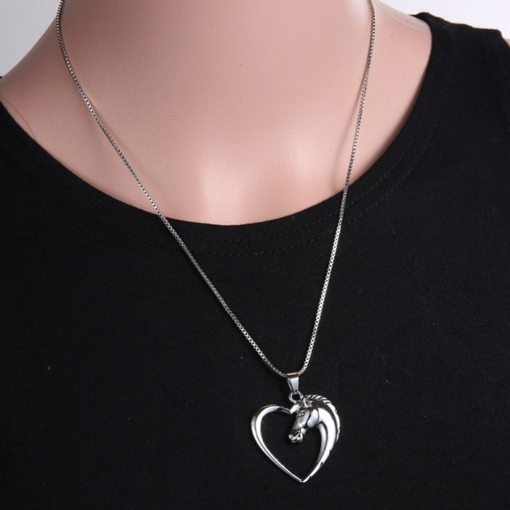 Women Hollow Out Heart Horse Head Shaped Pendant Chain Necklace Jewelry Gift Image 9