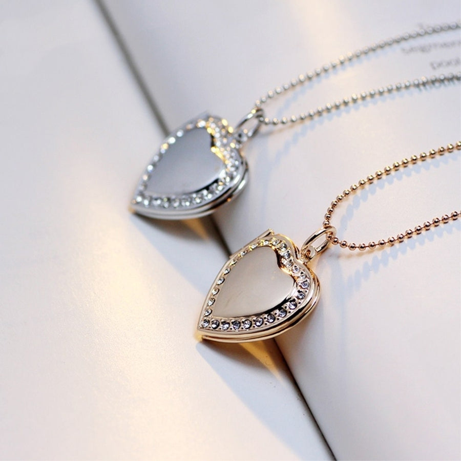 Women Rhinestone Heart Photo Frame Locket Necklace Clavicle Chain Jewelry Gift Image 1