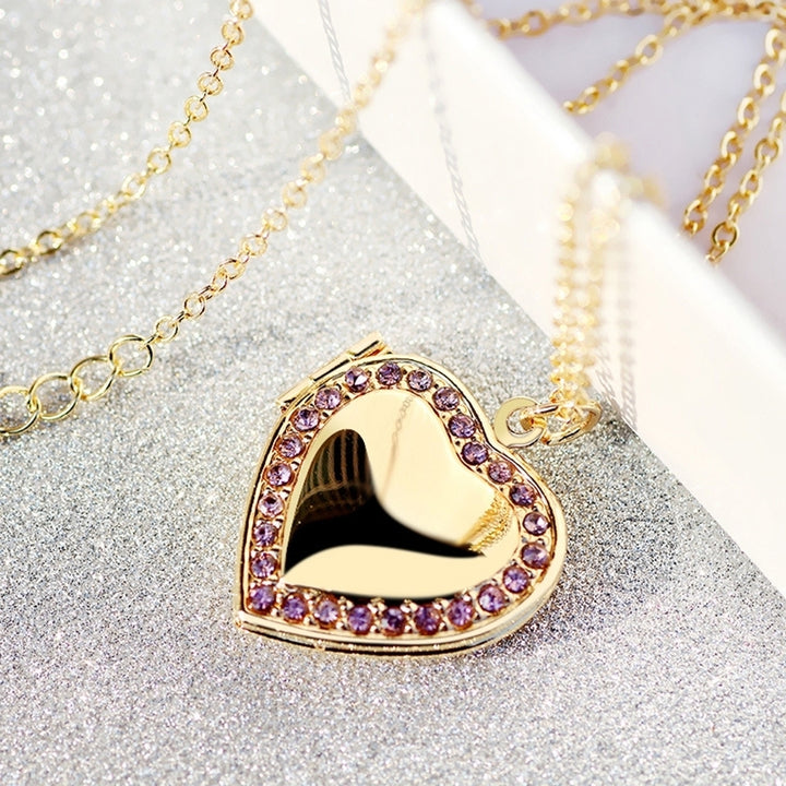 Women Rhinestone Heart Photo Frame Locket Necklace Clavicle Chain Jewelry Gift Image 3