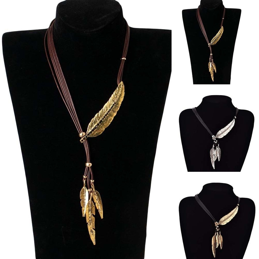 Bohemian Women Rhinestone Feather Pendant Faux Leather Rope Necklace Jewelry Image 1