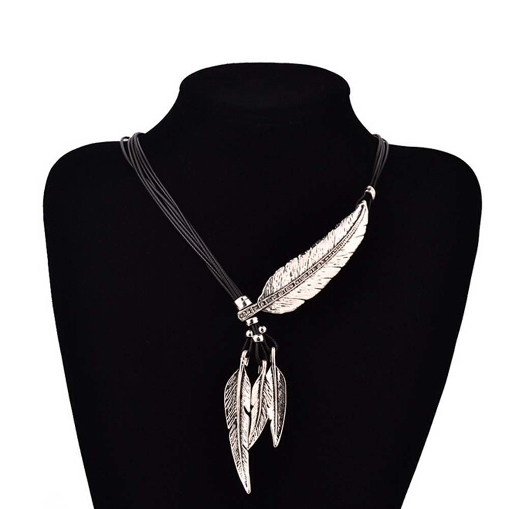 Bohemian Women Rhinestone Feather Pendant Faux Leather Rope Necklace Jewelry Image 2