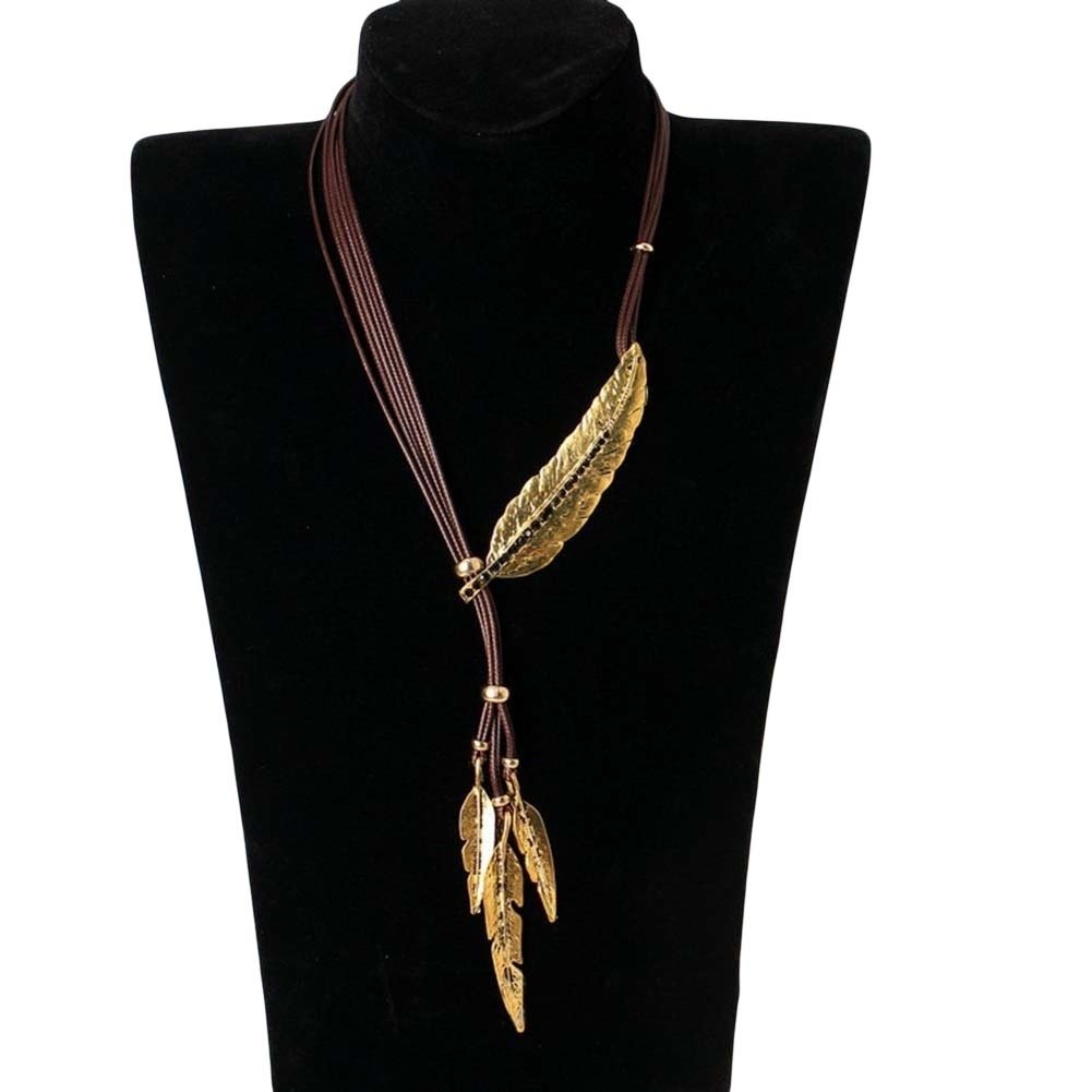 Bohemian Women Rhinestone Feather Pendant Faux Leather Rope Necklace Jewelry Image 4