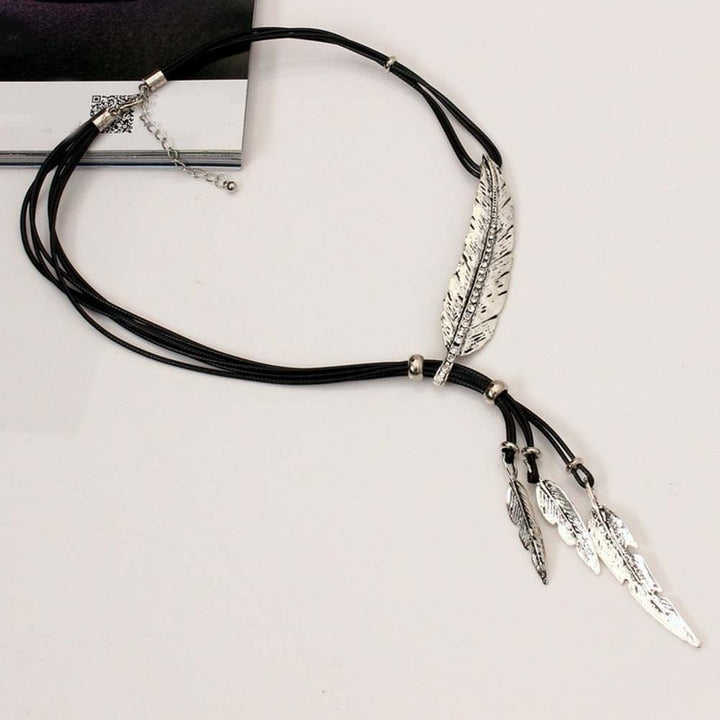 Bohemian Women Rhinestone Feather Pendant Faux Leather Rope Necklace Jewelry Image 6