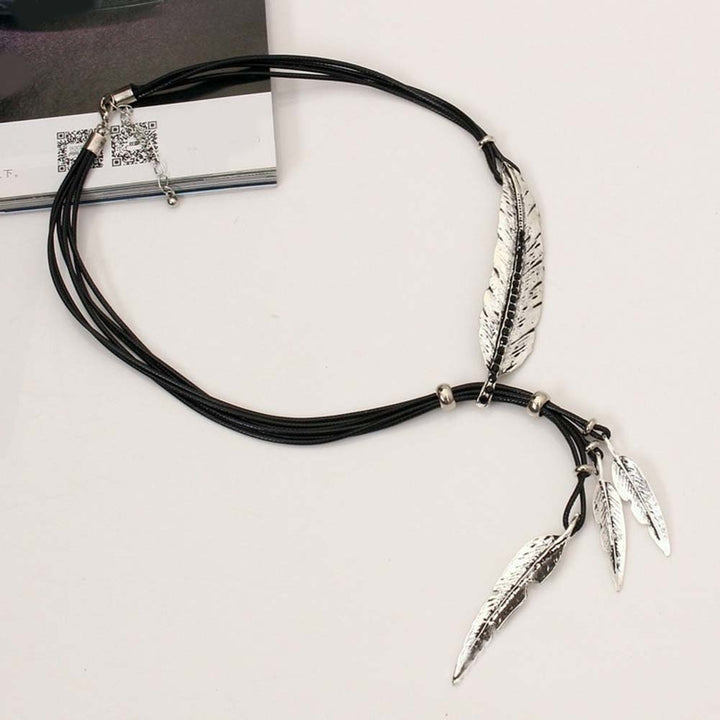 Bohemian Women Rhinestone Feather Pendant Faux Leather Rope Necklace Jewelry Image 7