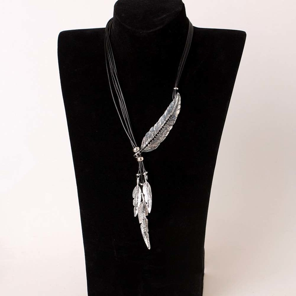 Bohemian Women Rhinestone Feather Pendant Faux Leather Rope Necklace Jewelry Image 8