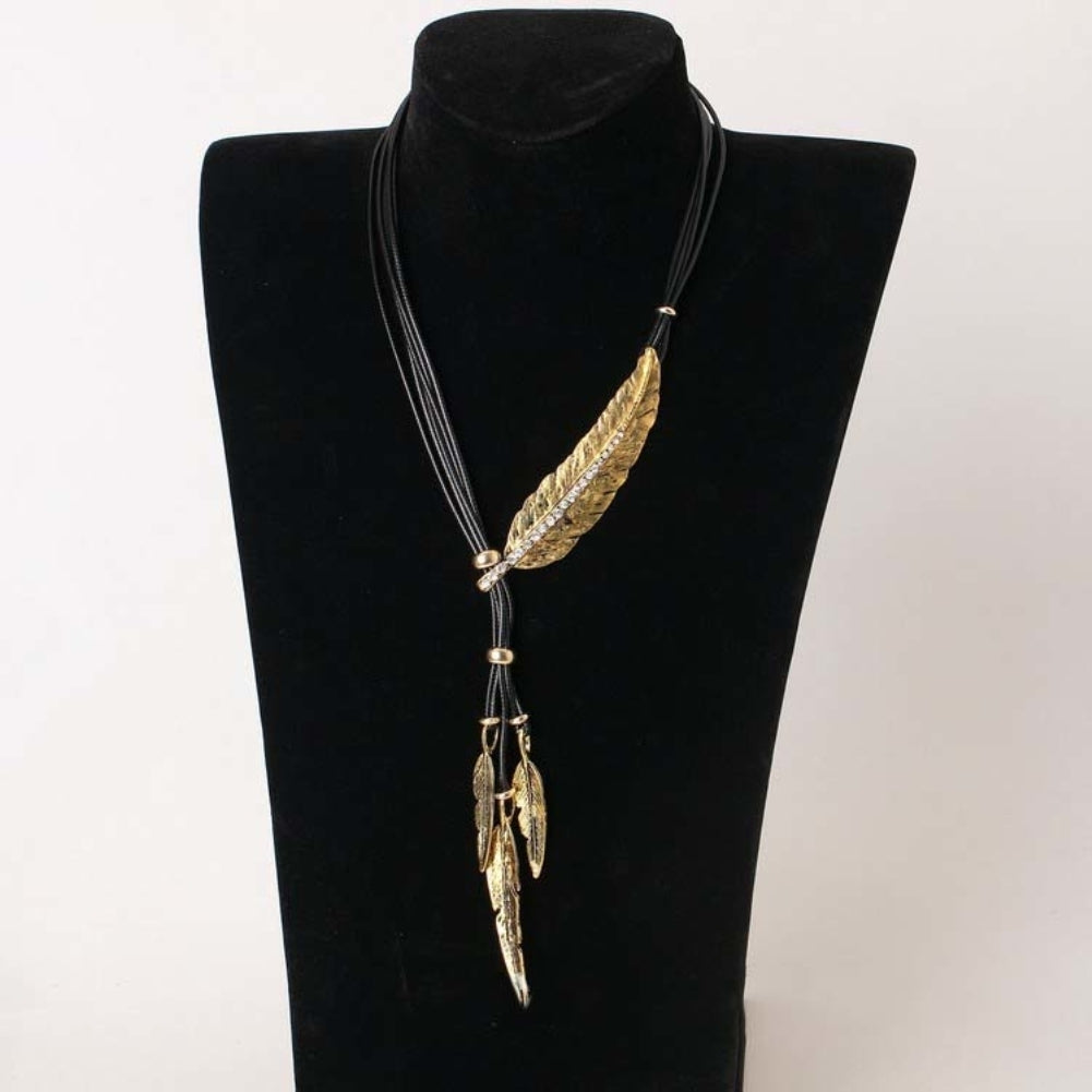 Bohemian Women Rhinestone Feather Pendant Faux Leather Rope Necklace Jewelry Image 9