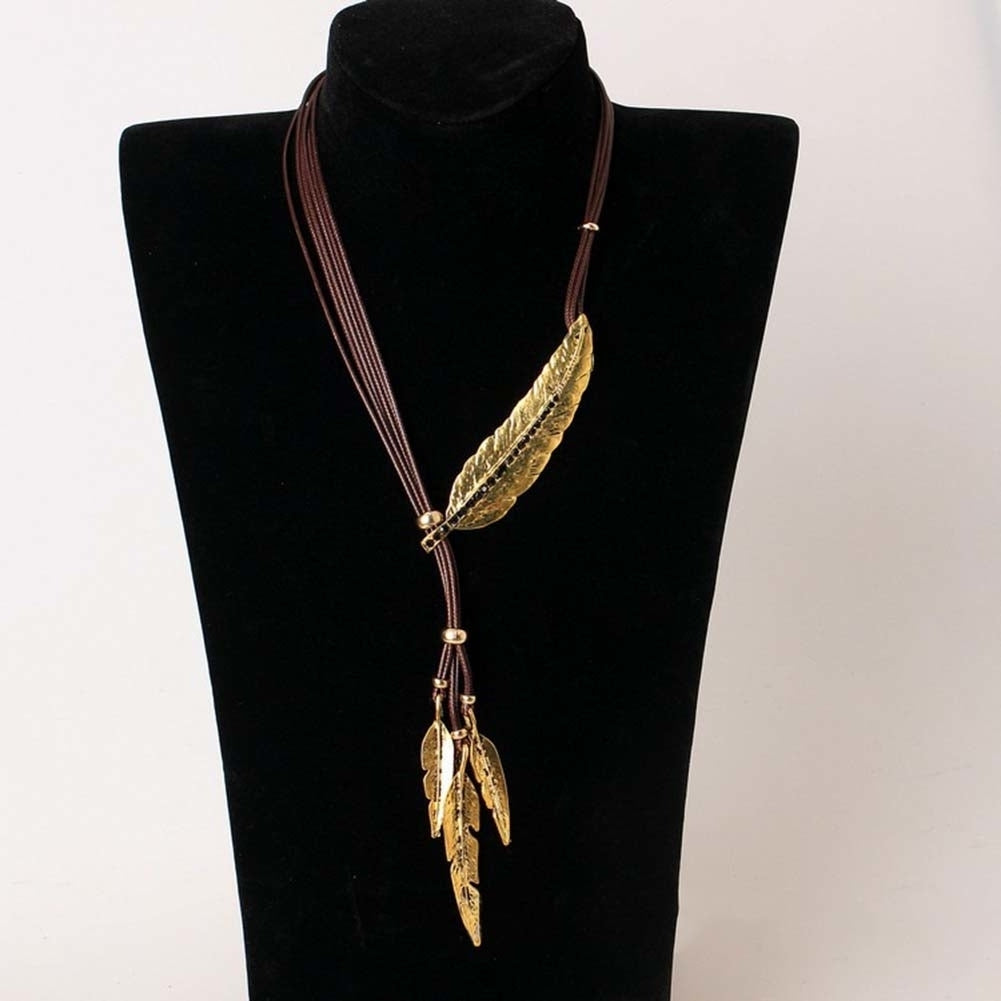 Bohemian Women Rhinestone Feather Pendant Faux Leather Rope Necklace Jewelry Image 10