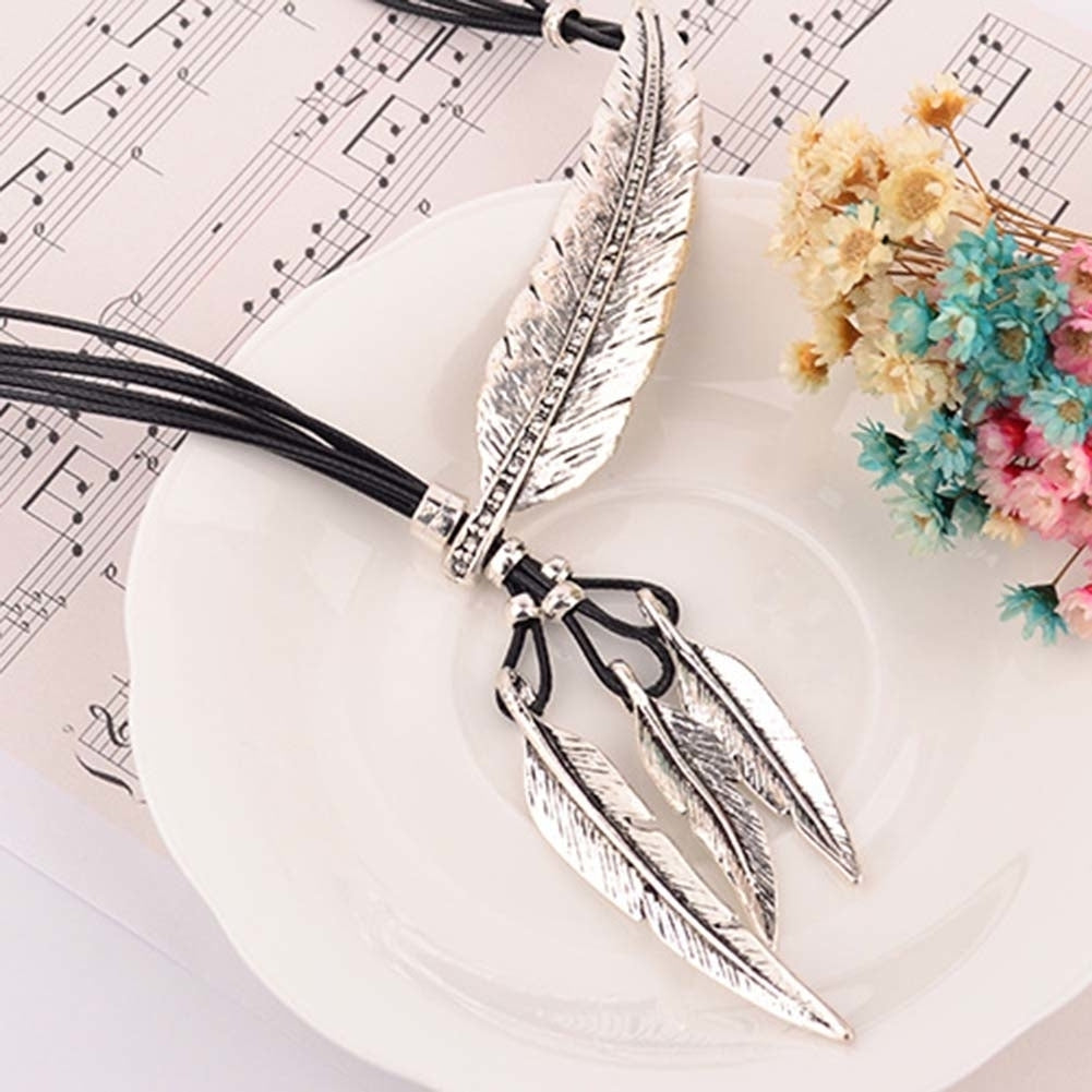 Bohemian Women Rhinestone Feather Pendant Faux Leather Rope Necklace Jewelry Image 11