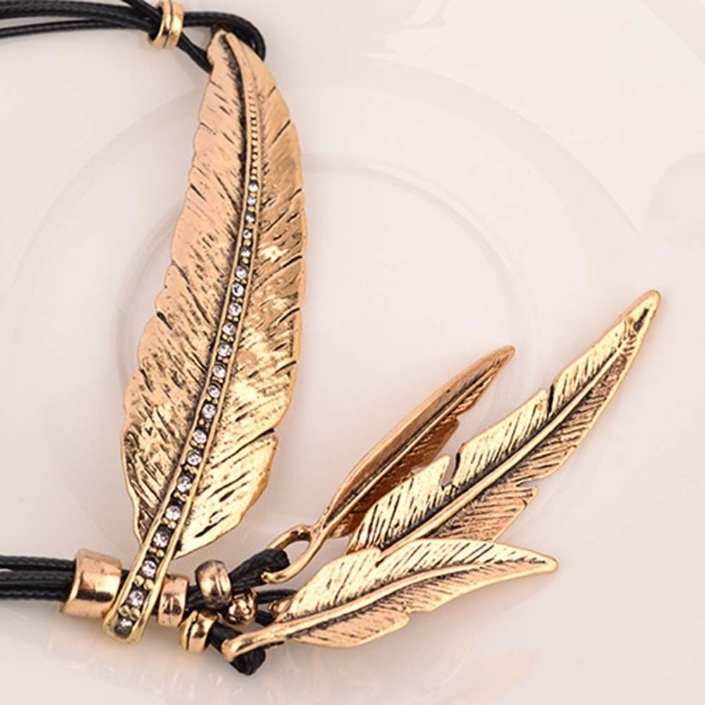 Bohemian Women Rhinestone Feather Pendant Faux Leather Rope Necklace Jewelry Image 12