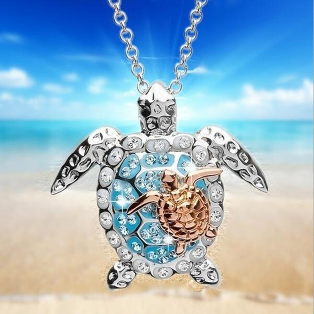 Fashion Women Rhinestone Turtle Mother Baby Pendant Chain Necklace Jewelry Gift Image 2