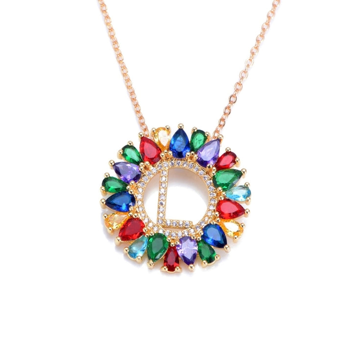 Women Rainbow Cubic Zirconia Letter Round Pendant Chain Necklace Jewelry Gift Image 4