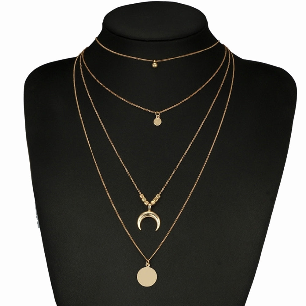 Women Retro Alloy 4 Layers Moon Beaded Round Pendant Charm Chain Necklace Choker Image 1