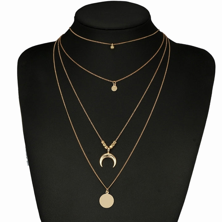 Women Retro Alloy 4 Layers Moon Beaded Round Pendant Charm Chain Necklace Choker Image 1