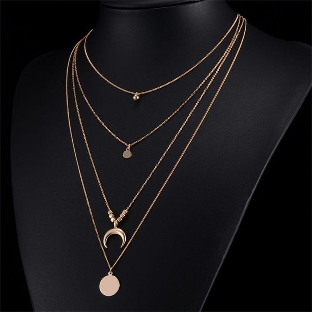 Women Retro Alloy 4 Layers Moon Beaded Round Pendant Charm Chain Necklace Choker Image 2