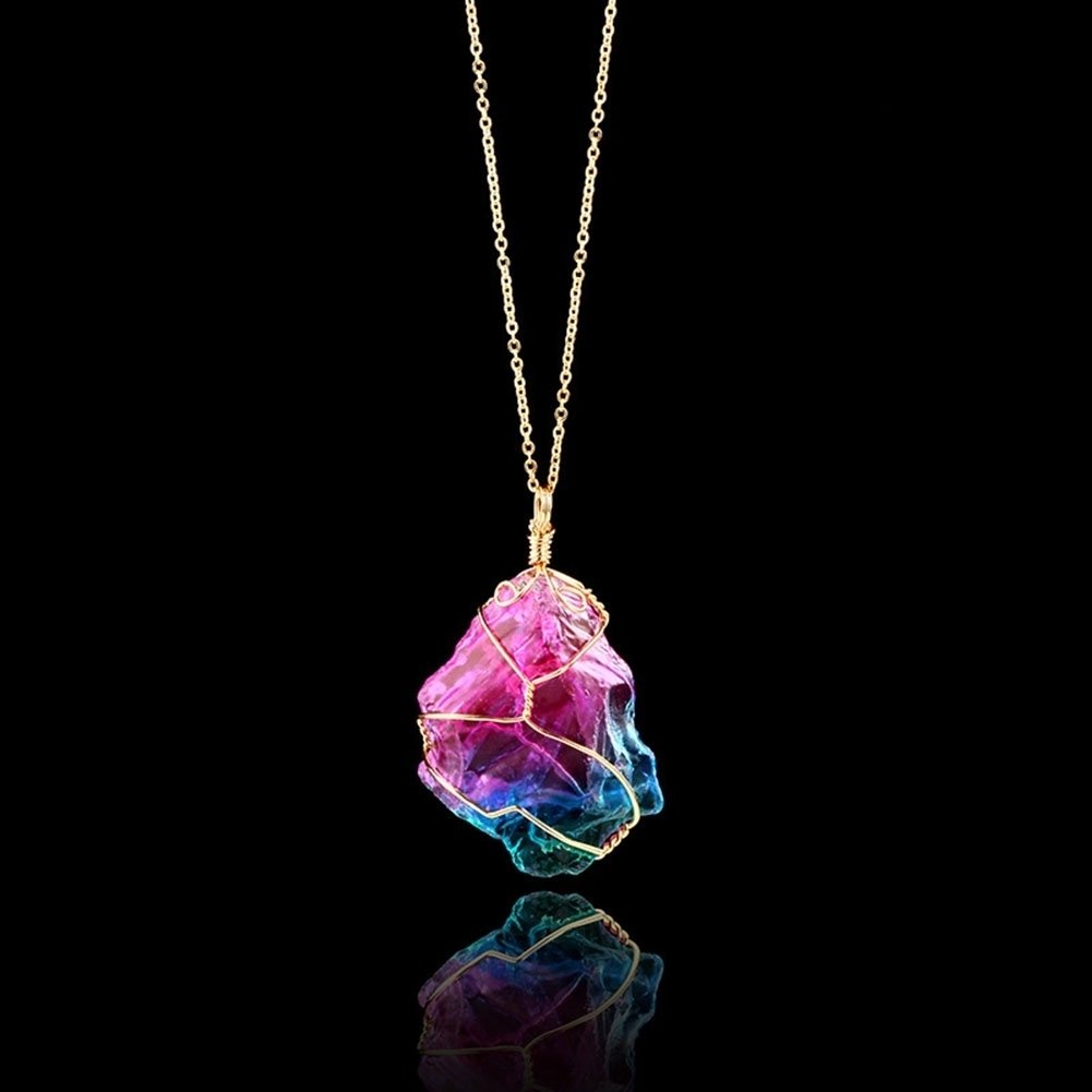 Rainbow Color Natural Stone Rock Pendant Necklace Chain Women Party Jewelry Gift Image 2