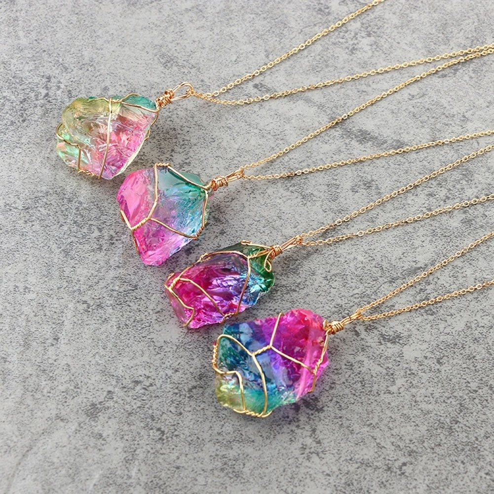 Rainbow Color Natural Stone Rock Pendant Necklace Chain Women Party Jewelry Gift Image 4