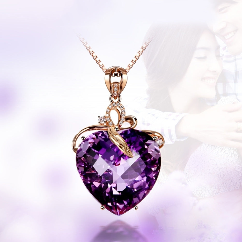 Women Heart Shape Faux Amethyst Pendant Chain Necklace Wedding Jewelry Gift Image 3